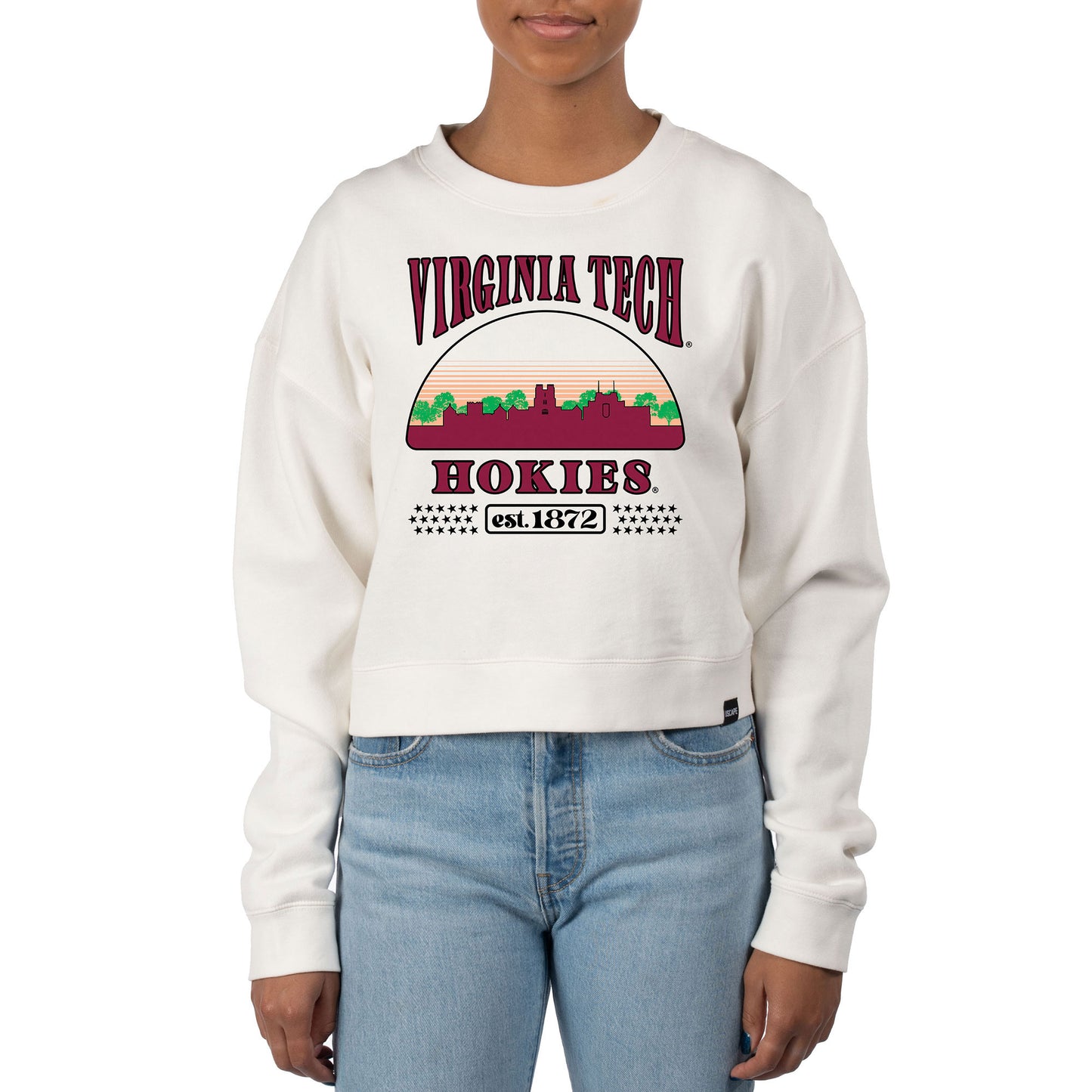 Women's Uscape Apparel Cream Virginia Tech Hokies Pigment Dyed Local Skyline Fleece Crop Crewneck Sweatshirt