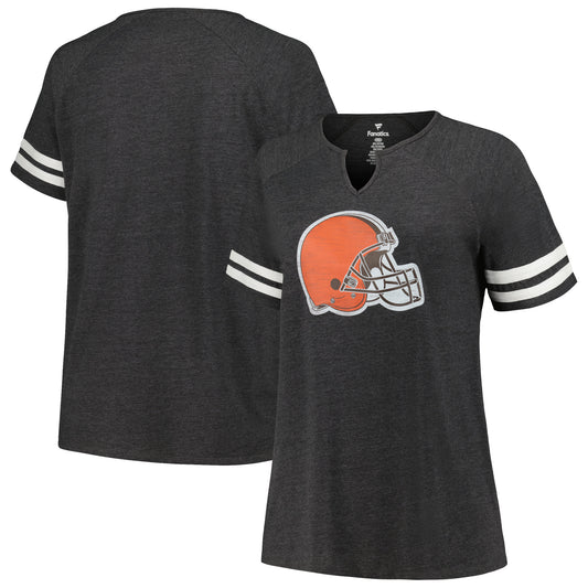 Women's Fanatics Heather Charcoal Cleveland Browns Plus Size Logo Notch Neck Raglan Sleeve T-Shirt