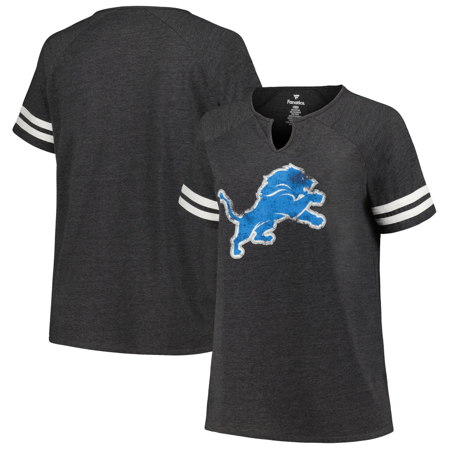 Women's Fanatics Heather Charcoal Detroit Lions Plus Size Logo Notch Neck Raglan Sleeve T-Shirt