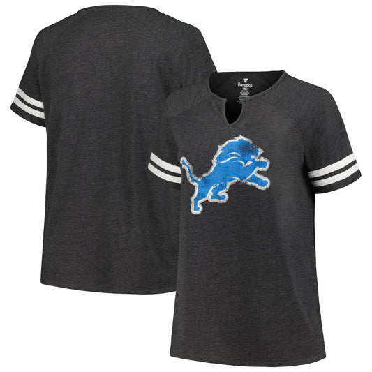 Women's Fanatics Heather Charcoal Detroit Lions Plus Size Logo Notch Neck Raglan Sleeve T-Shirt