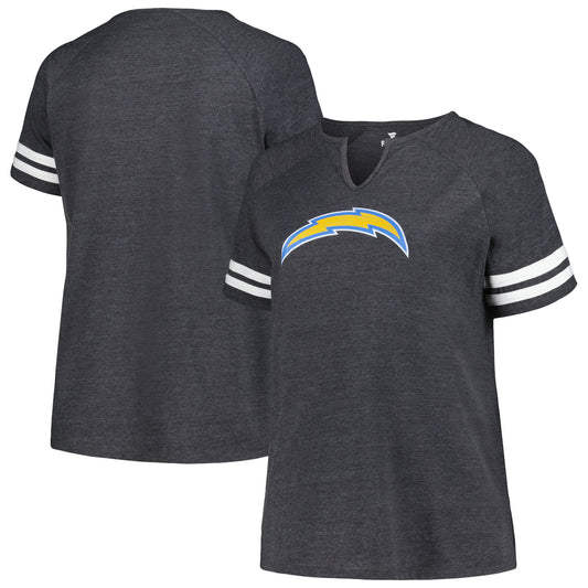 Women's Fanatics Heather Charcoal Los Angeles Chargers Plus Size Logo Notch Neck Raglan Sleeve T-Shirt