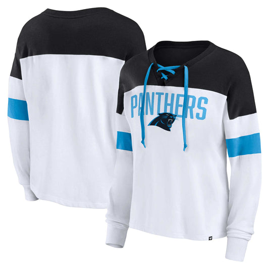 Women's Fanatics White/Black Carolina Panthers Plus Size Even Match Lace-Up Long Sleeve V-Neck T-Shirt