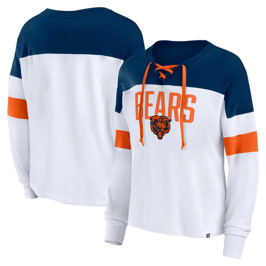 Women's Fanatics White/Navy Chicago Bears Plus Size Even Match Lace-Up Long Sleeve V-Neck Top