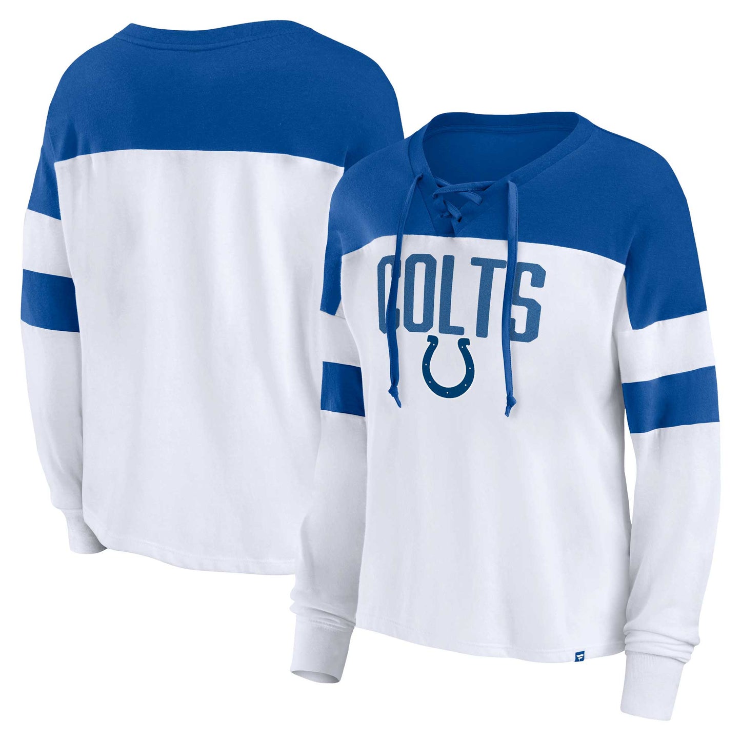 Women's Fanatics White/Royal Indianapolis Colts Plus Size Even Match Lace-Up Long Sleeve V-Neck Top