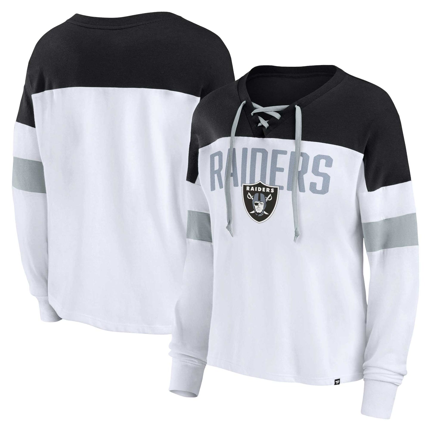 Women's Fanatics White/Black Las Vegas Raiders Plus Size Even Match Lace-Up Long Sleeve V-Neck Top