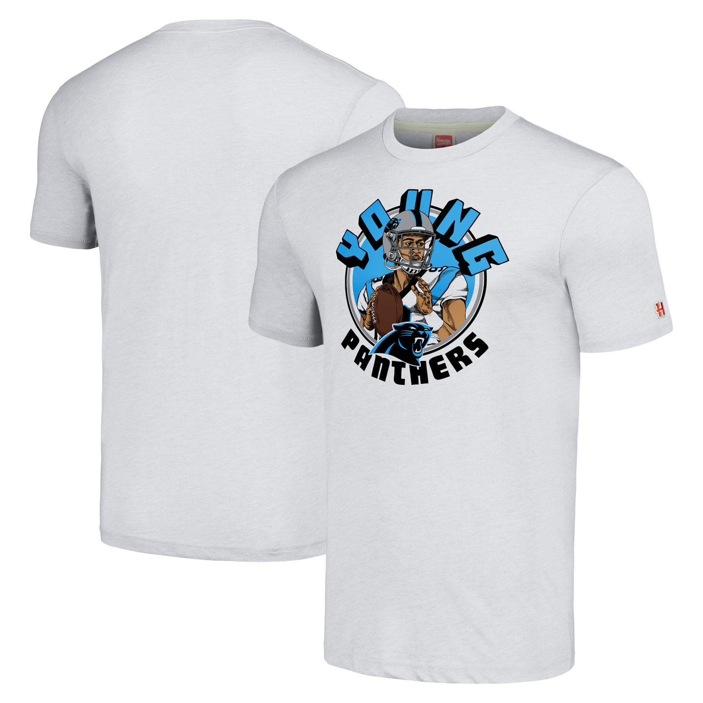 Men's Homage Bryce Young Heathered Ash Carolina Panthers Caricature Player Tri-Blend T-Shirt