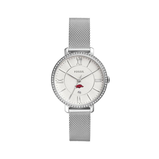 Women's Fossil  Silver Arkansas Razorbacks Jacqueline Stainless Steel Mesh Watch