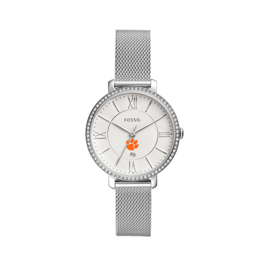 Women's Fossil  Silver Clemson Tigers Jacqueline Stainless Steel Mesh Watch