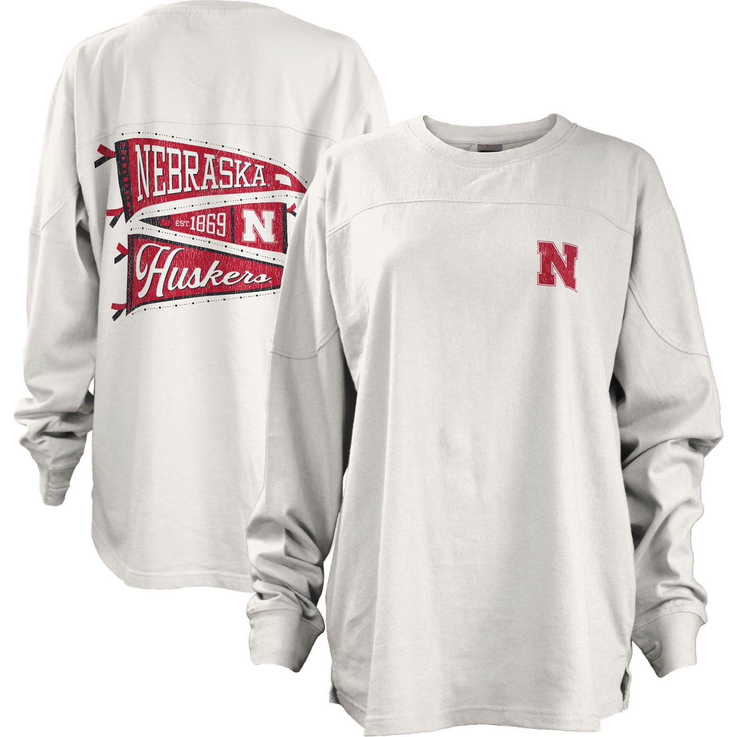 Women's Pressbox White Nebraska Huskers Pennant Stack Oversized Long Sleeve T-Shirt