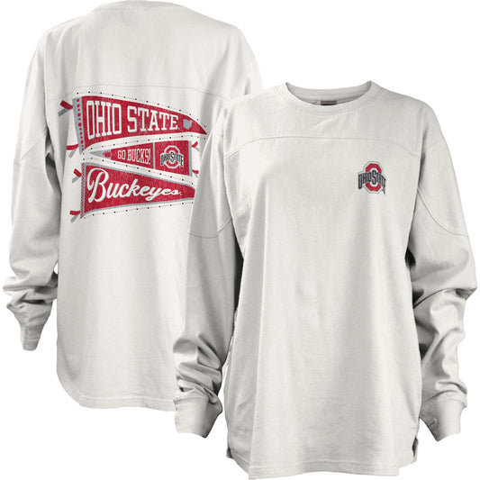 Women's Pressbox White Ohio State Buckeyes Pennant Stack Oversized Long Sleeve T-Shirt