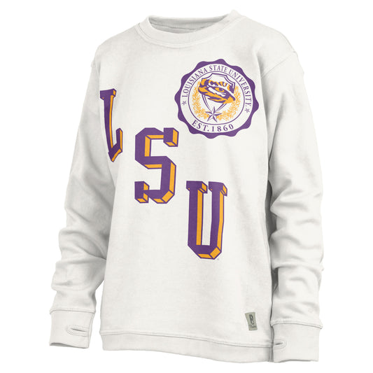 Women's Pressbox White LSU Tigers Shoreline Sundown Pullover Sweatshirt