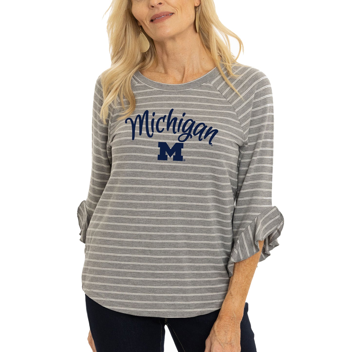 Women's  Gray Michigan Wolverines Renatta Striped Ruffle 3/4-Sleeve T-Shirt