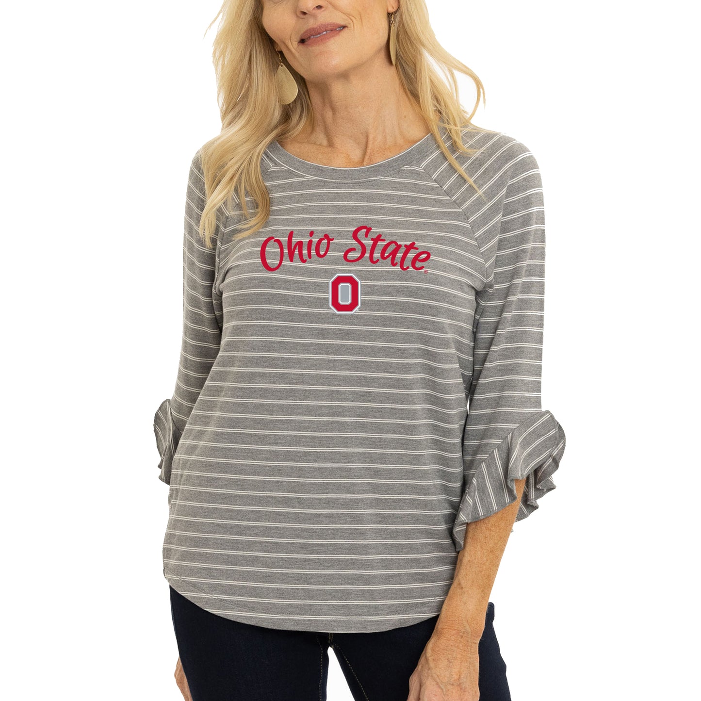 Women's  Gray Ohio State Buckeyes Renatta Striped Ruffle 3/4-Sleeve T-Shirt