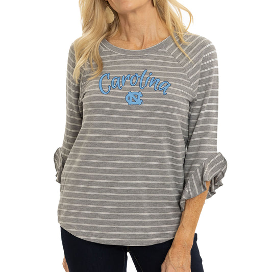 Women's  Gray North Carolina Tar Heels Renatta Striped Ruffle 3/4-Sleeve T-Shirt