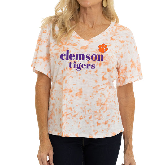 Women's  Orange Clemson Tigers Faye Ruffle V-Neck T-Shirt