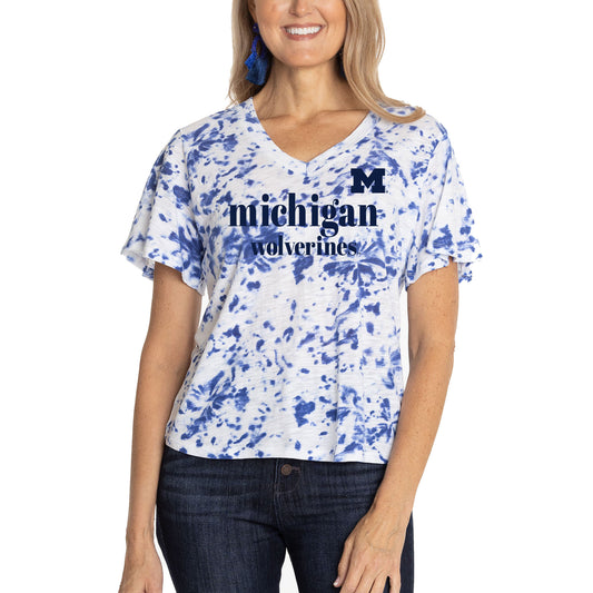 Women's  Navy Michigan Wolverines Faye Ruffle V-Neck T-Shirt