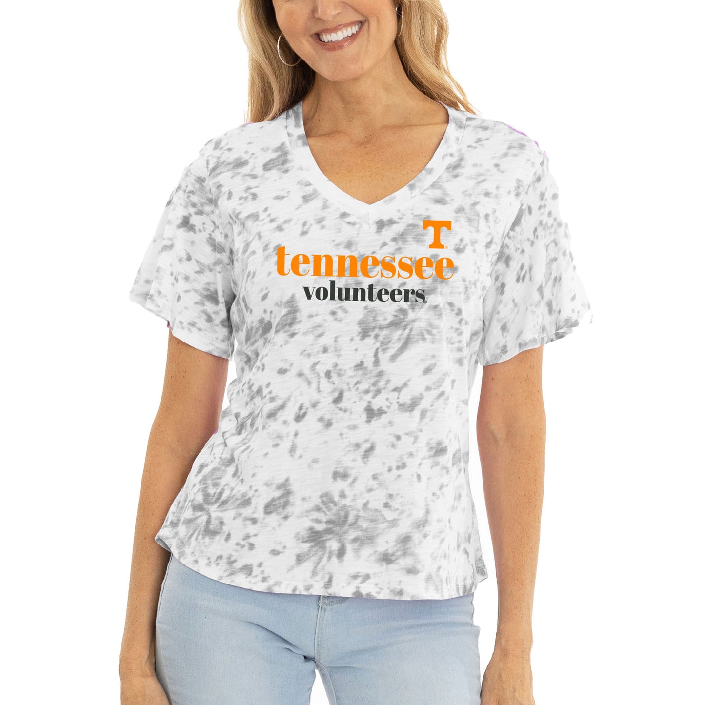 Women's  Gray Tennessee Volunteers Faye Ruffle V-Neck T-Shirt
