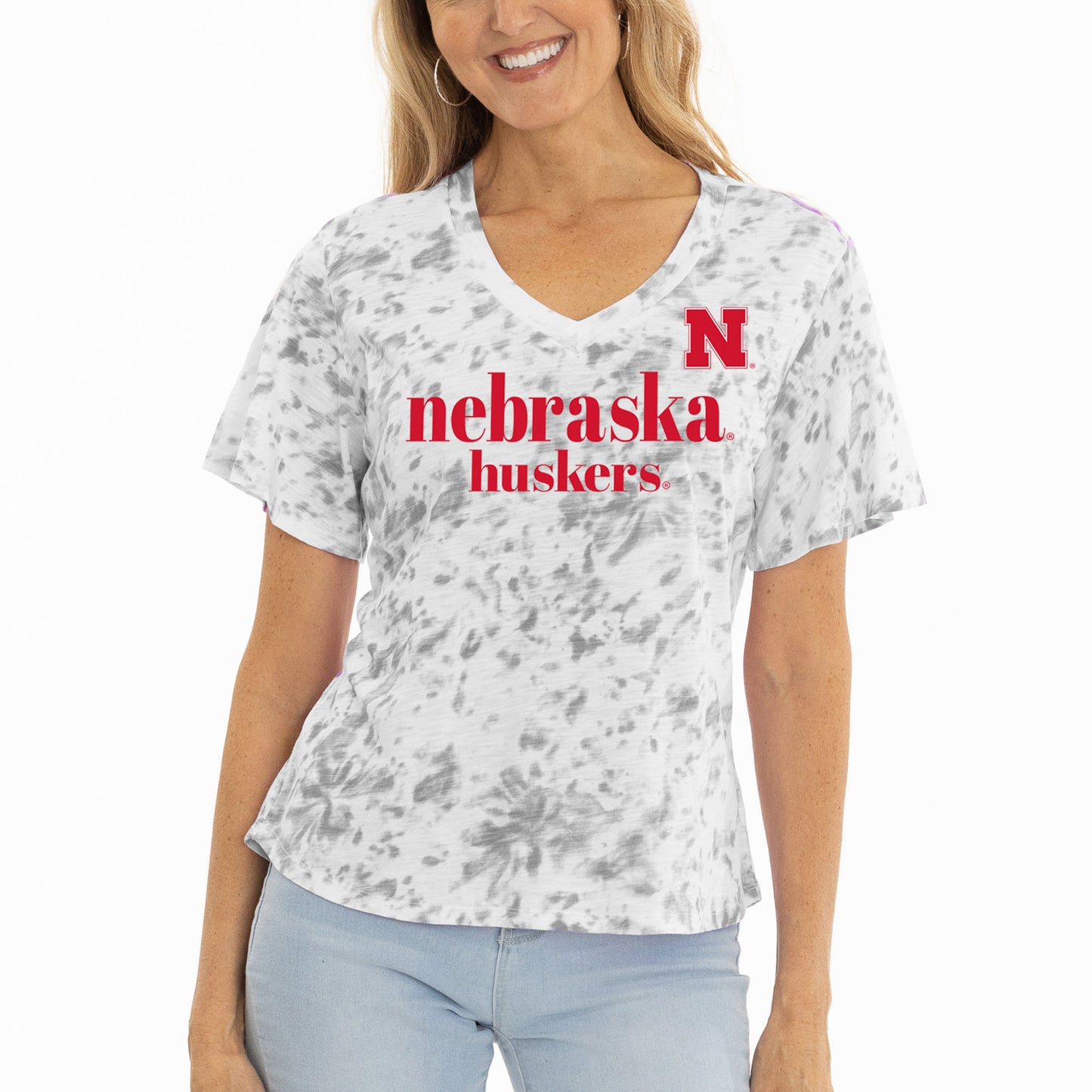 Women's  Gray Nebraska Huskers Faye Ruffle V-Neck T-Shirt