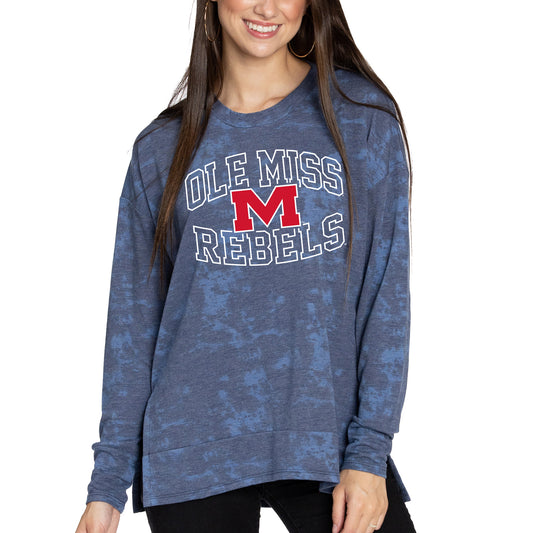 Women's  Navy Ole Miss Rebels Brandy Tie-Dye Long Sleeve Tri-Blend Pullover Top