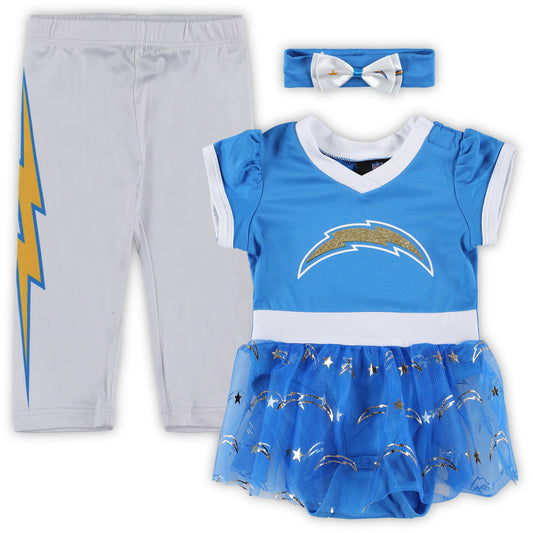 Girls Infant Powder Blue Los Angeles Chargers Tailgate Game Day Bodysuit with Tutu, Headband & Leggings Cheerleader Set