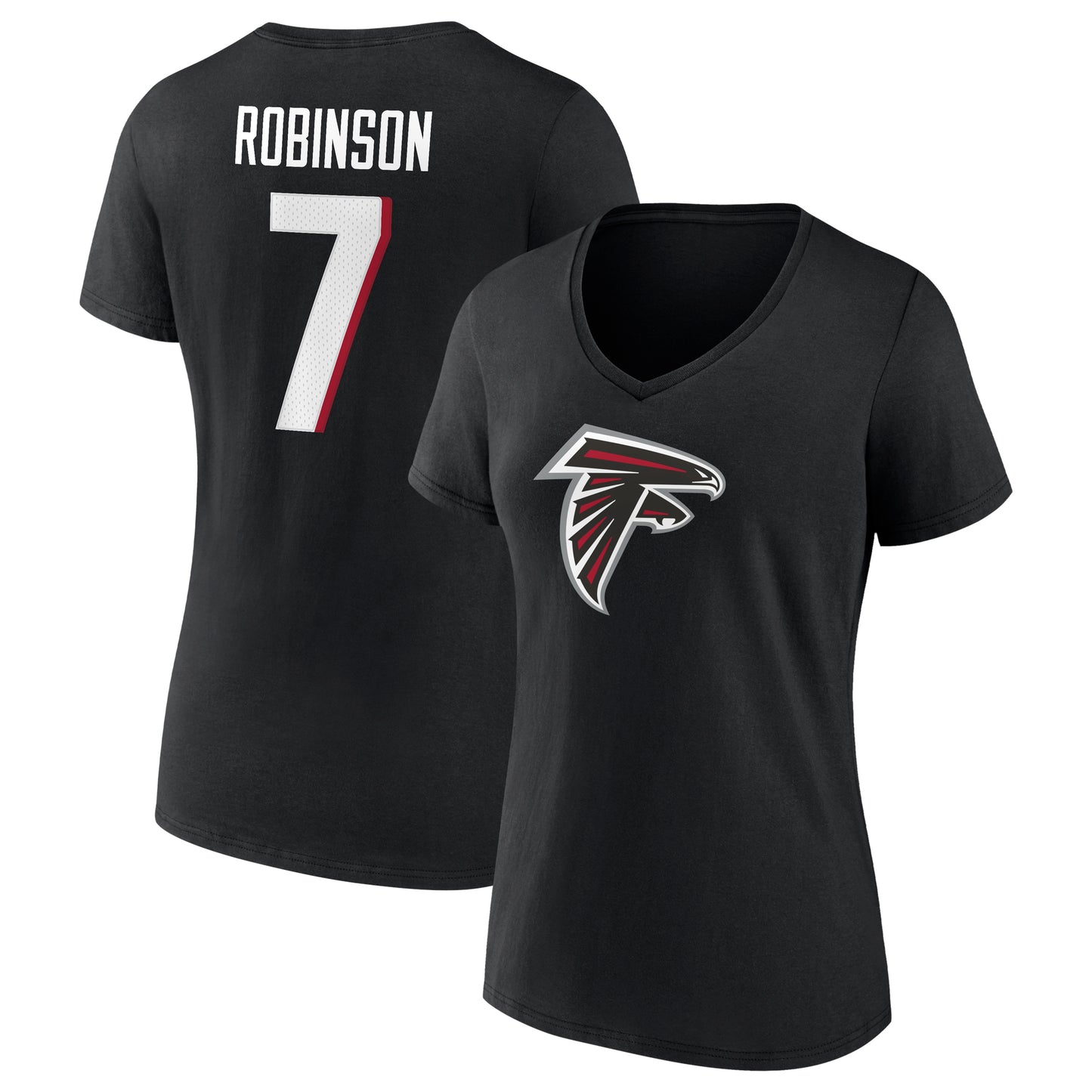 Women's Fanatics Bijan Robinson Black Atlanta Falcons Icon Name & Number V-Neck T-Shirt