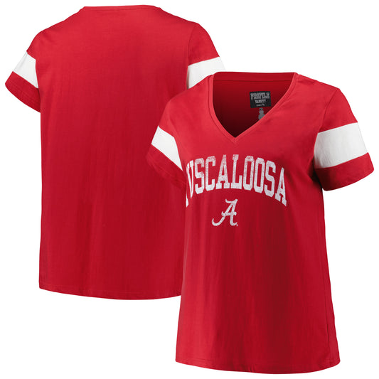 Women's Profile Heather Crimson Alabama Crimson Tide Plus Size Arched City Sleeve Stripe V-Neck T-Shirt