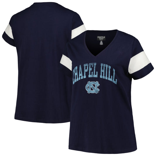 Women's Profile Heather Navy North Carolina Tar Heels Plus Size Arched City Sleeve Stripe V-Neck T-Shirt