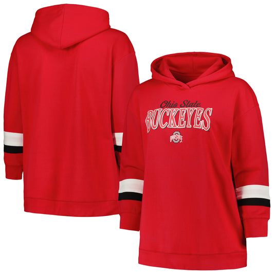 Women's Profile Scarlet Ohio State Buckeyes Plus Size Badge Bridge Stripe Pullover Hoodie