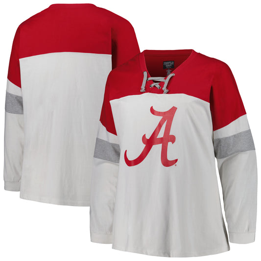 Women's Profile White Alabama Crimson Tide Plus Size Colorblock Lace-Up Long Sleeve T-Shirt