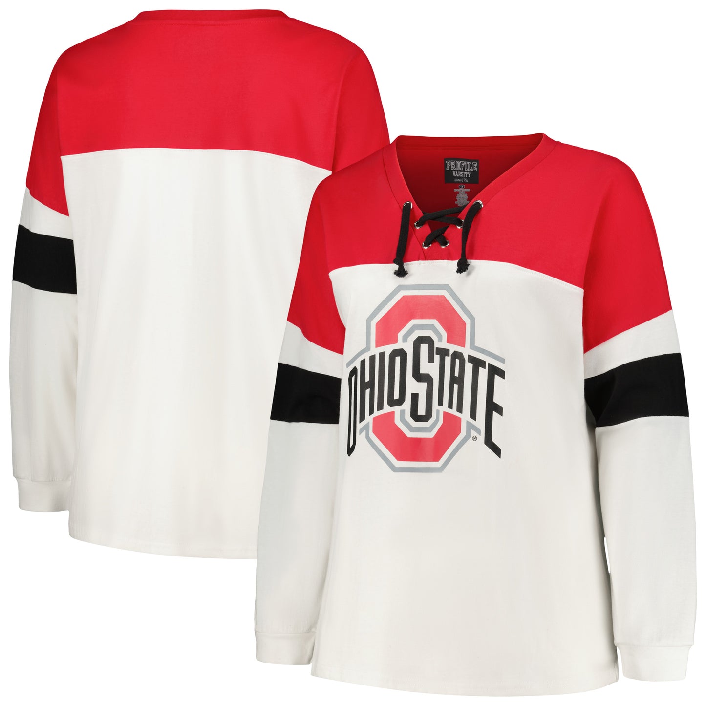 Women's Profile White Ohio State Buckeyes Plus Size Colorblock Lace-Up Long Sleeve T-Shirt