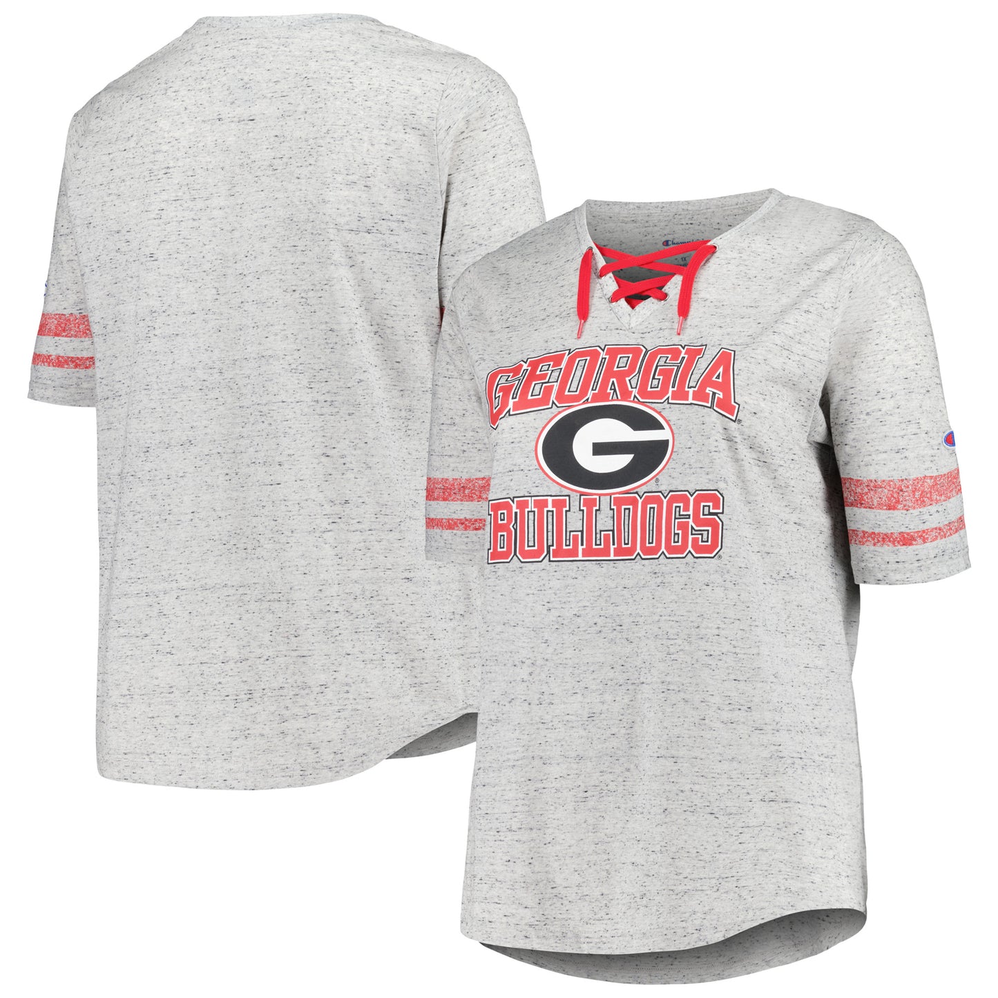 Women's Profile Heather Gray Georgia Bulldogs Plus Size Striped Lace-Up V-Neck T-Shirt