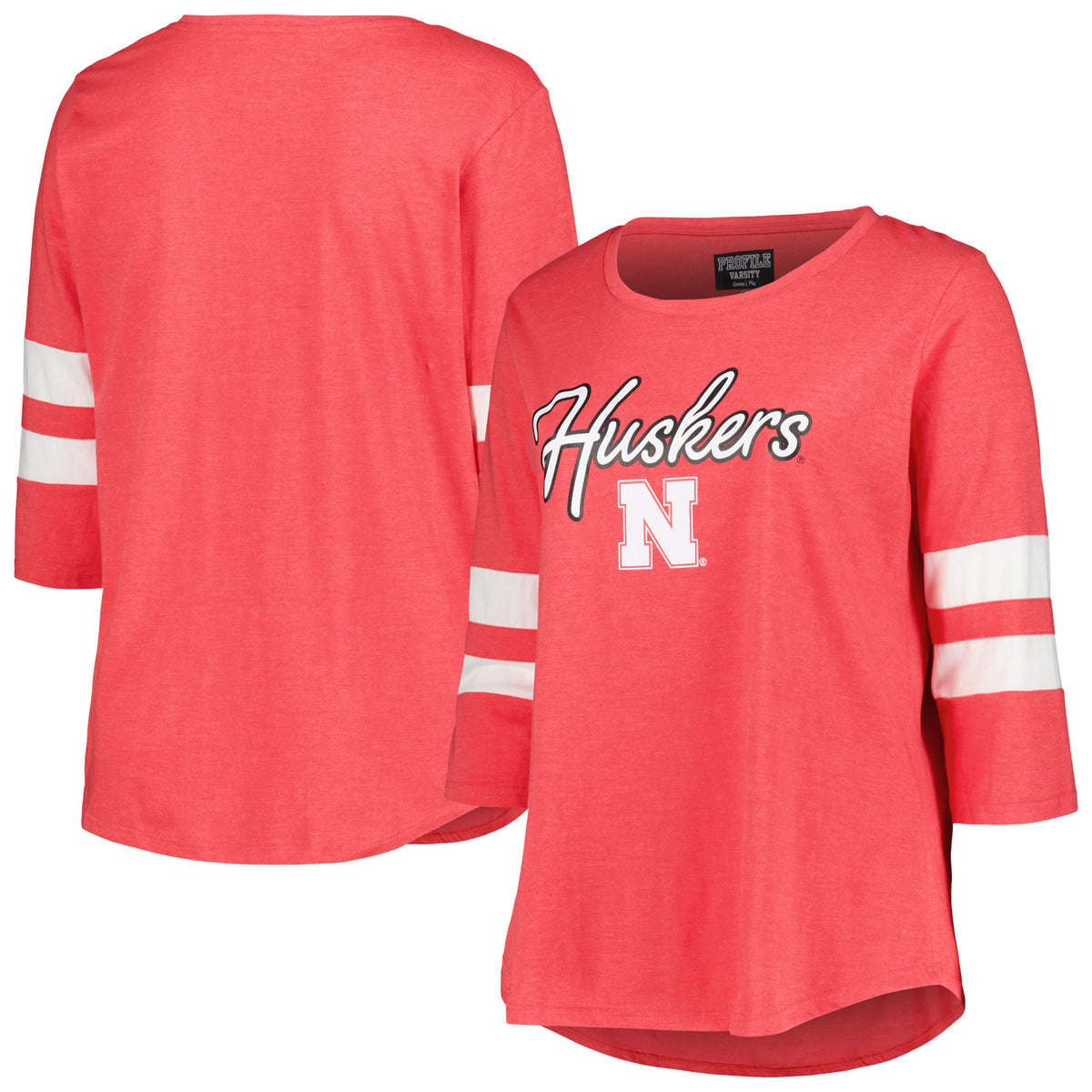 Women's Profile  Heather Scarlet Nebraska Huskers Plus Size Mascot Sign 3/4-Sleeve T-Shirt