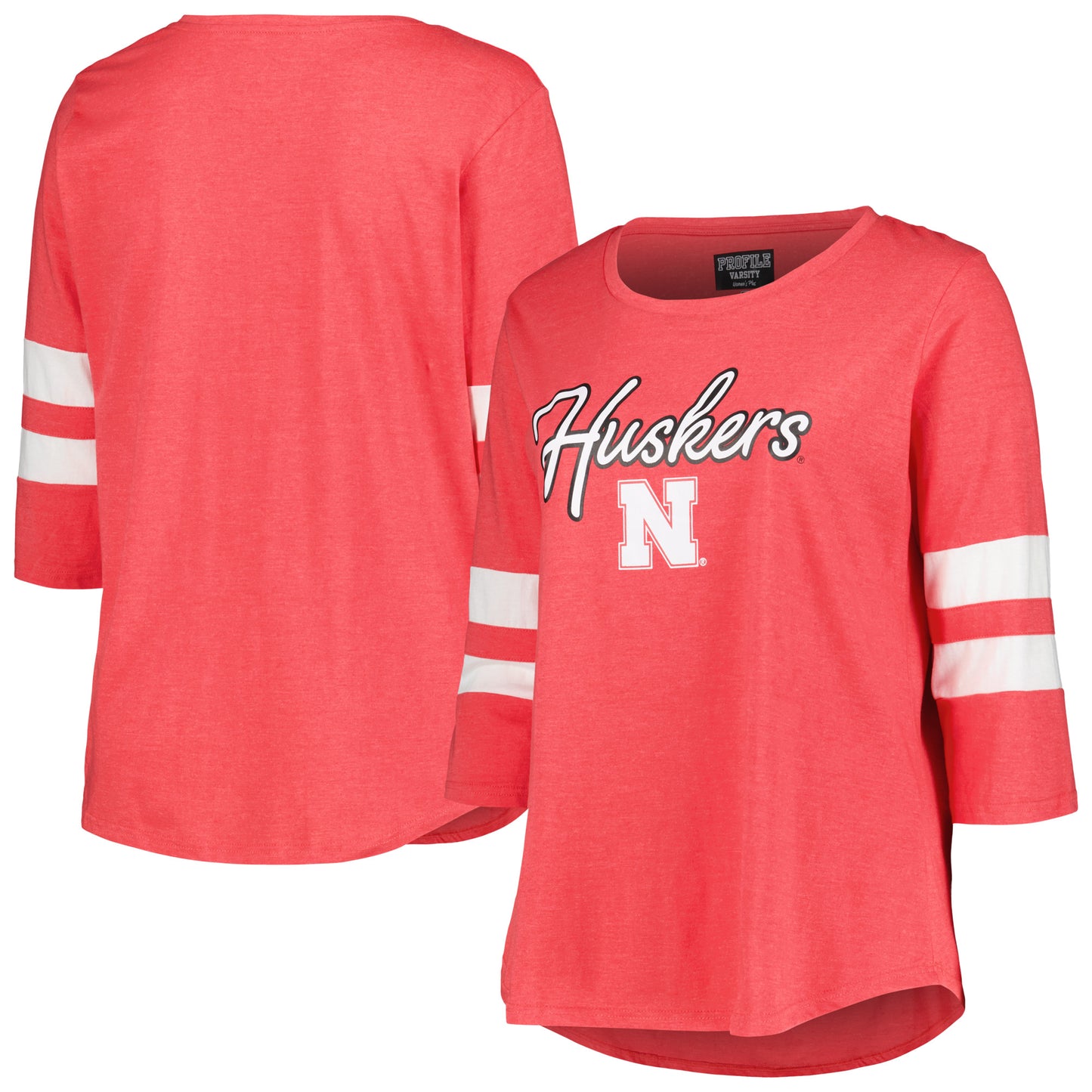 Women's Profile  Heather Scarlet Nebraska Huskers Plus Size Mascot Sign 3/4-Sleeve T-Shirt