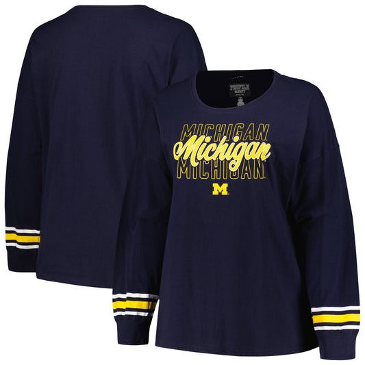 Women's Profile Navy Michigan Wolverines Plus Size Triple Script Scoop Neck Long Sleeve T-Shirt