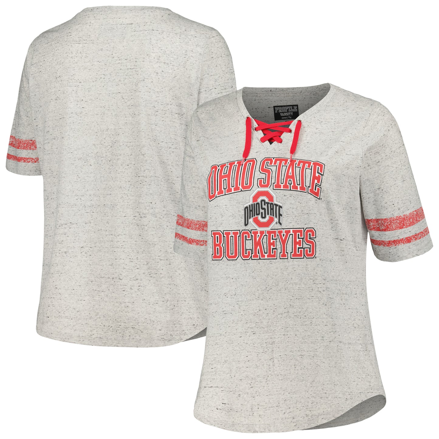 Women's Profile Heather Gray Ohio State Buckeyes Plus Size Striped Lace-Up V-Neck T-Shirt