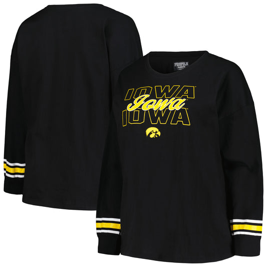 Women's Profile Black Iowa Hawkeyes Plus Size Triple Script Scoop Neck Long Sleeve T-Shirt