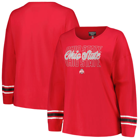 Women's Profile Scarlet Ohio State Buckeyes Plus Size Triple Script Scoop Neck Long Sleeve T-Shirt