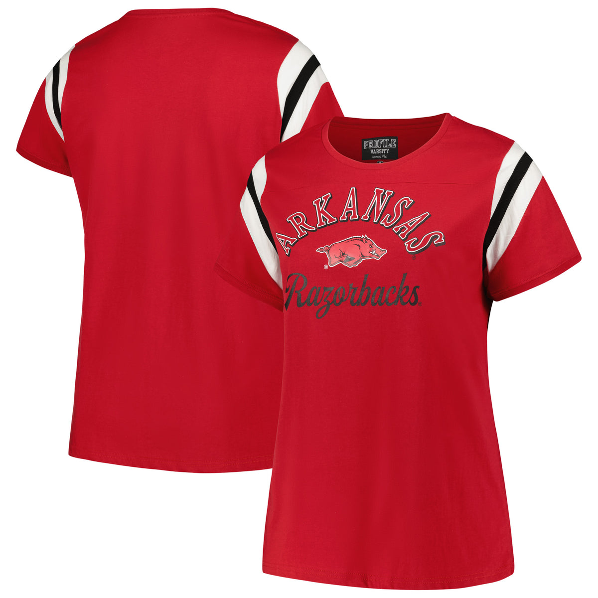 Women's Profile Cardinal Arkansas Razorbacks Plus Size Striped Tailgate Scoop Neck T-Shirt