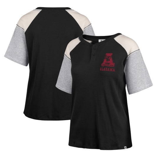 Women's '47 Black Alabama Crimson Tide Underline Harvey Colorblock Raglan Henley T-Shirt