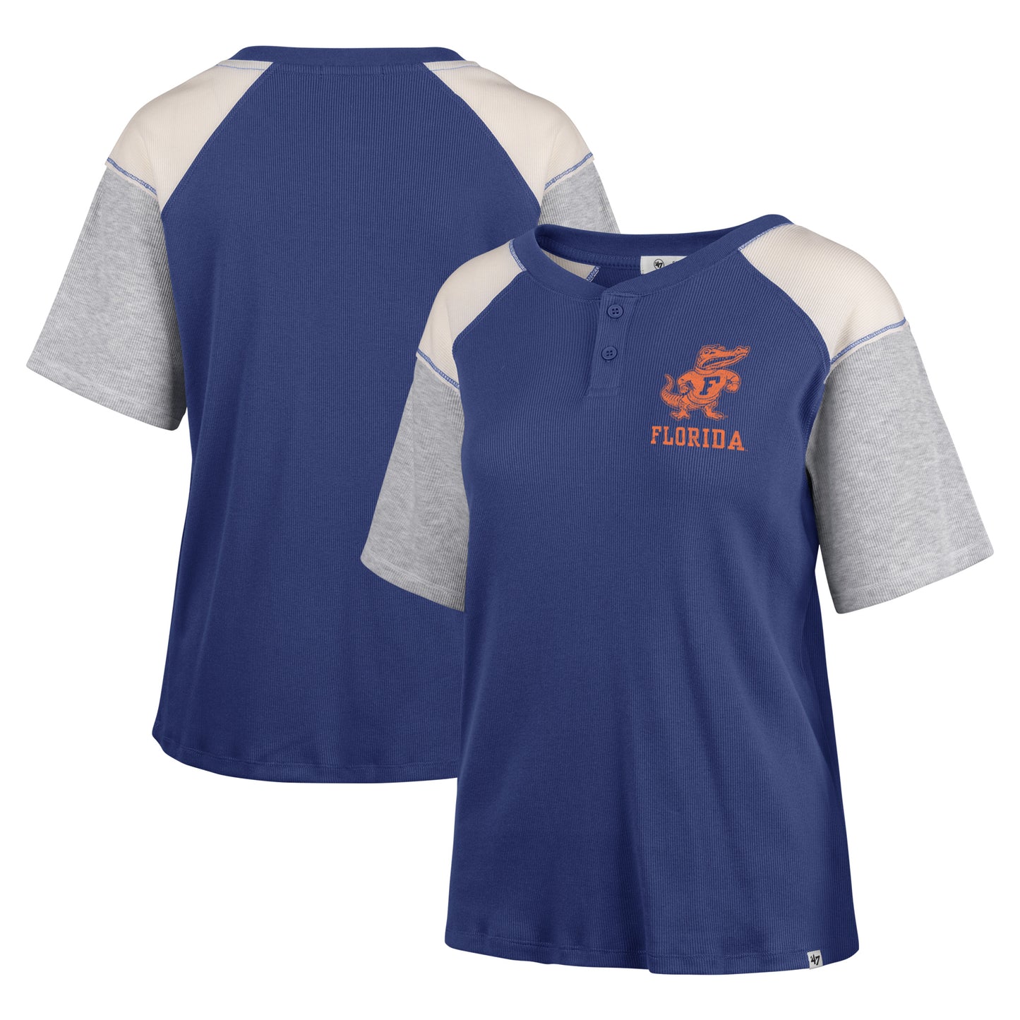 Women's '47 Royal Florida Gators Underline Harvey Colorblock Raglan Henley T-Shirt