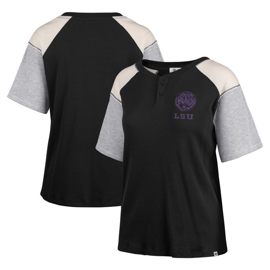 Women's '47 Black LSU Tigers Underline Harvey Colorblock Raglan Henley T-Shirt