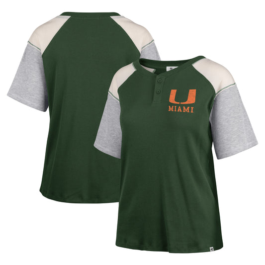 Women's '47 Green Miami Hurricanes Underline Harvey Colorblock Raglan Henley T-Shirt