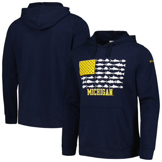 Men's Columbia Navy Michigan Wolverines PFG Fish Flag II Pullover Hoodie