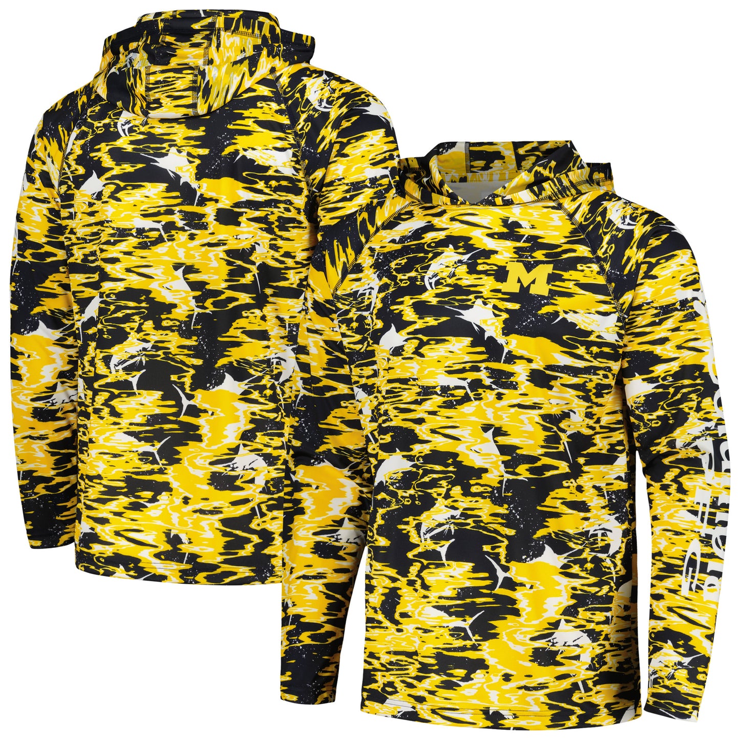 Men's Columbia Navy Michigan Wolverines PFG Terminal Tackle Omni-Shade Rippled Long Sleeve Hooded T-Shirt