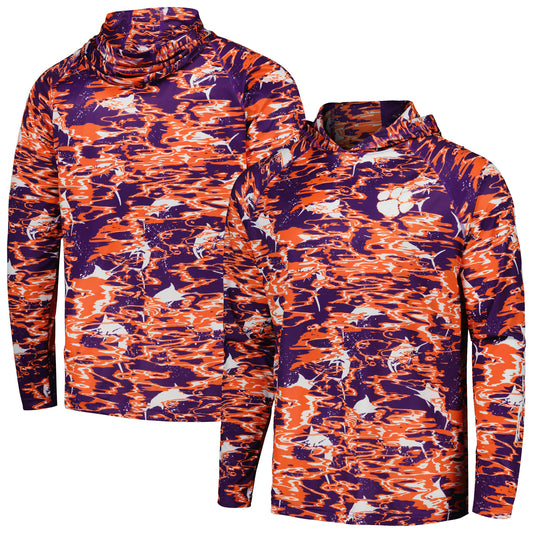 Men's Columbia Purple Clemson Tigers PFG Terminal Tackle Omni-Shade Rippled Long Sleeve Hooded T-Shirt