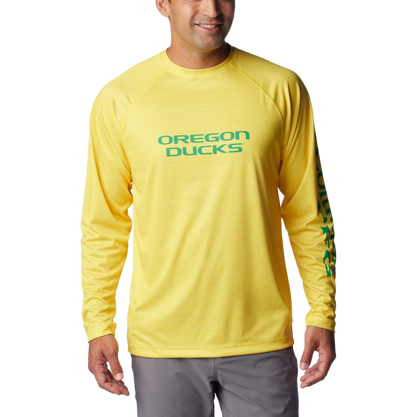 Men's Columbia  Yellow Oregon Ducks PFG Terminal Tackle Omni-Shade Raglan Long Sleeve T-Shirt