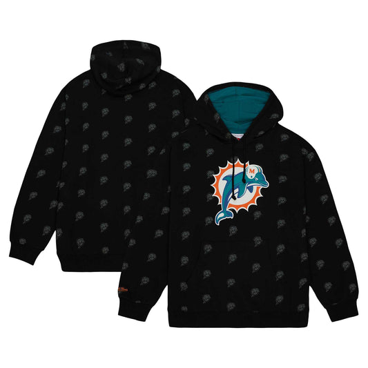 Men's Mitchell & Ness Black Miami Dolphins Allover Print Fleece Pullover Hoodie