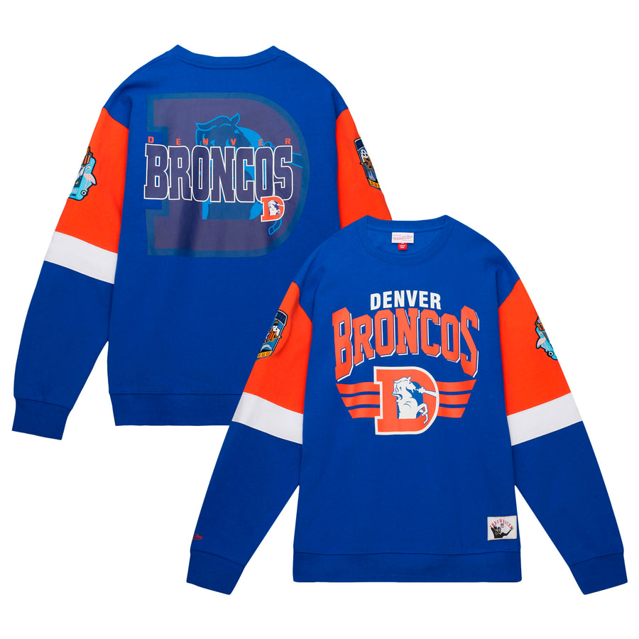 Men's Mitchell & Ness Royal Denver Broncos Gridiron Classics Allover 3.0 Pullover Sweatshirt