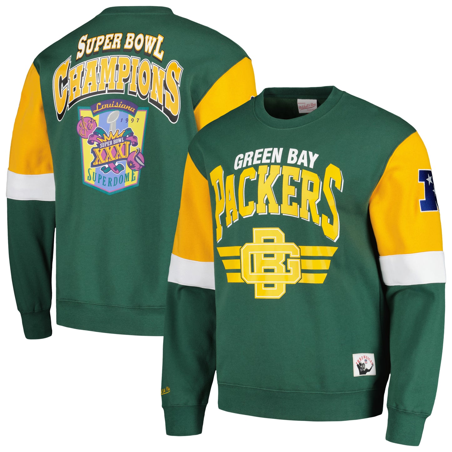 Men's Mitchell & Ness Green Green Bay Packers Gridiron Classics Allover 3.0 Pullover Sweatshirt