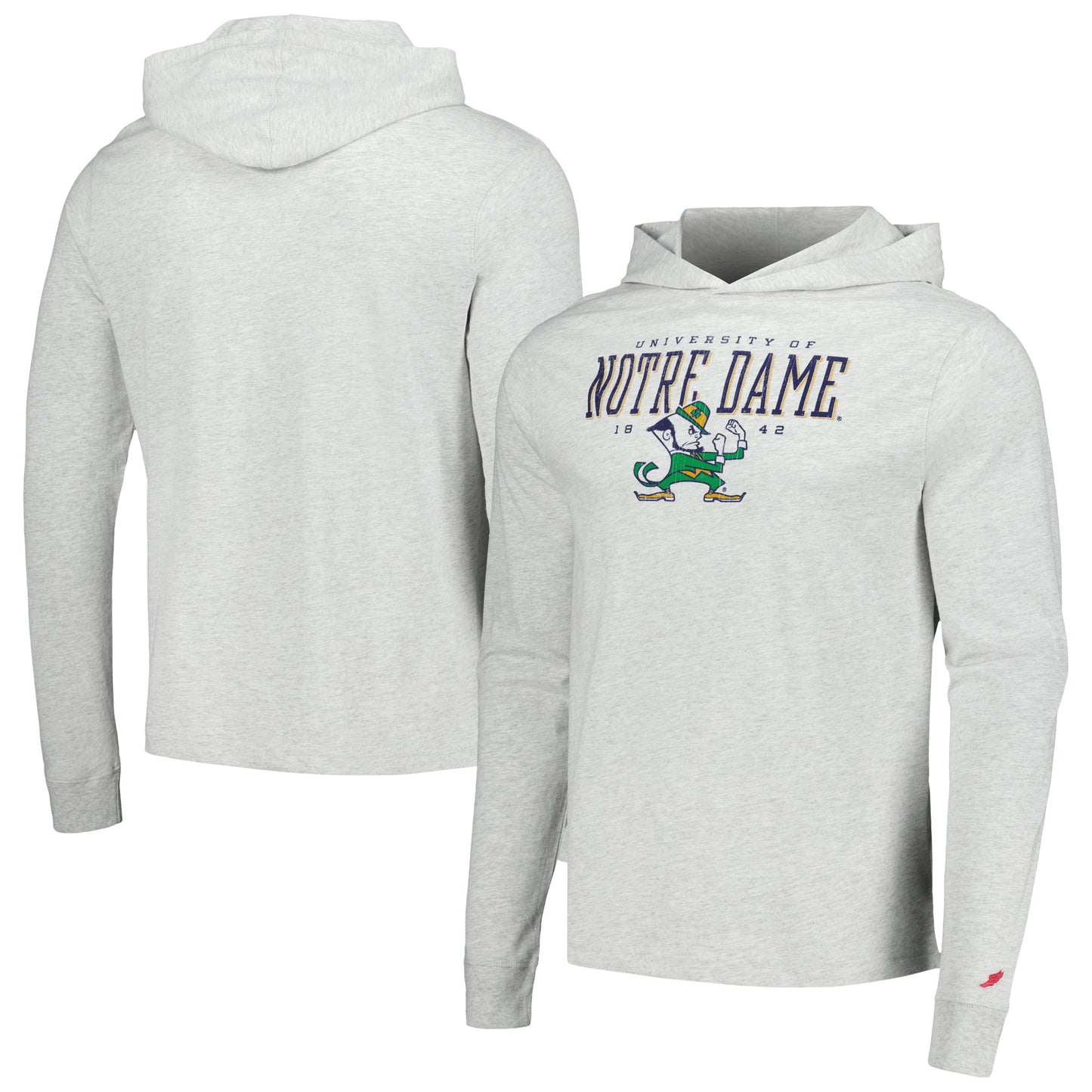 Men's League Collegiate Wear Ash Notre Dame Fighting Irish Team Stack Tumble Long Sleeve Hooded T-Shirt